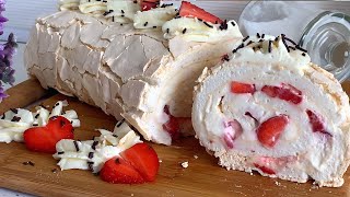 Meringue roll with Strawberries and Cream recipe [upl. by Mathre]