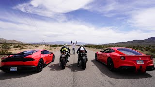 STREET RACING SUPERBIKES VS SUPERCARS Ferrari Lamborghini VS Ducati BMW [upl. by Eak]